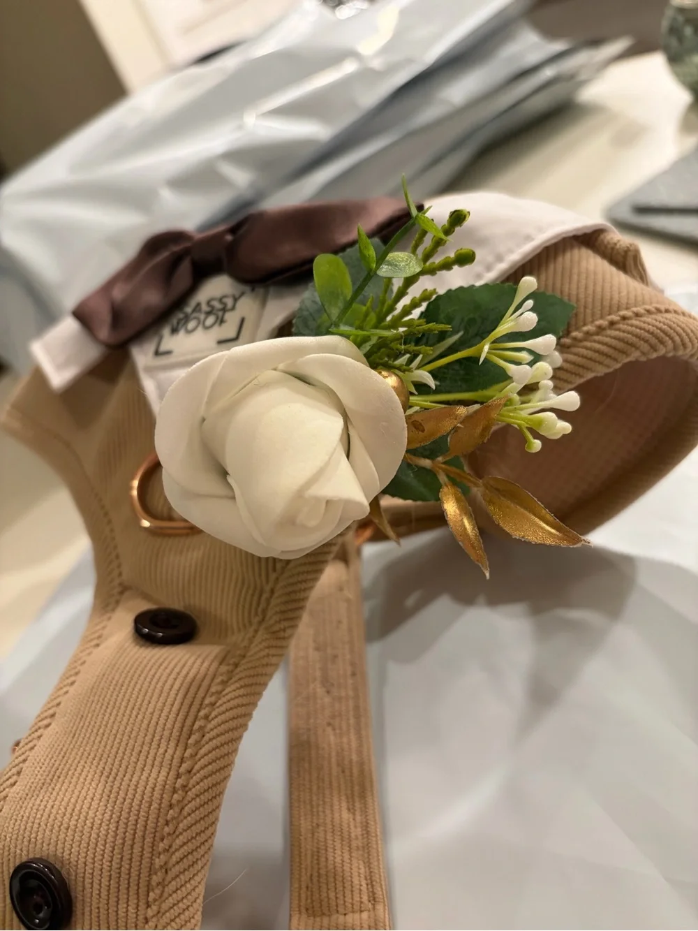Sassy Woof - Best pup / Dog of Honor Harness with Brown Bow & White Flower